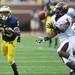 Michigan wide receiver Dennis Norfleet misses a pass intended for him as Central Michigan safety Kavon Frazier intercepts the ball during the third quarter at Michigan Stadium on Saturday, August 31, 2013. Melanie Maxwell | AnnArbor.com